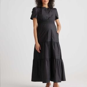 Quince- Black Cotton Poplin Maternity Tiered Shortsleeve Maxi Dress